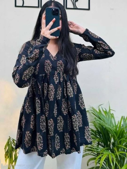 Image of Women's V Neck Short Kurti for Women | Floral Printed Cotton Blend Kurti | Full Sleeve Flared Tunic Top | Casual Ethnic Kurta Top for Women | Stylish Kurti with Jeans