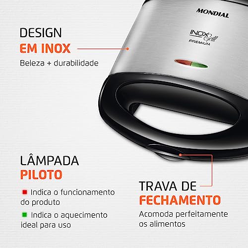 MONDIAL Grill e Sanduicheira Premium, Preto/Inox, 800W, 110V - S-07 glide