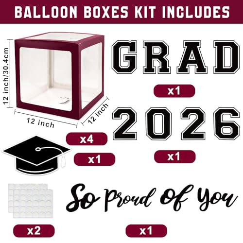Image of Maroon Themed 2026 Graduation Decorations Set - Balloons Boxes with Letters 2026 GRAD So Proud of You - Complete Party Supplies for High School & College Celebrations