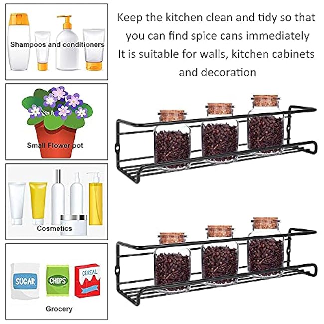 Spice Rack Organiser Hanging Spice Shelves Carbon Steel Wall Mount Spice Rack Kitchen Storage Racks Storage Spices and Condiments Spice Jars for Kitchen Cabinet Cupboard Pantry Door (4)
