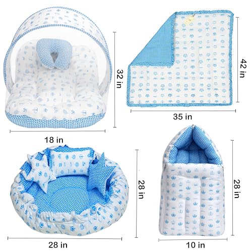 Image of Fareto Combo of Baby Bed with Net | Carry Bag | 4 Pcs Bedding Set (0-6 Months, Baby Size, Cotton) (Taj Blue)