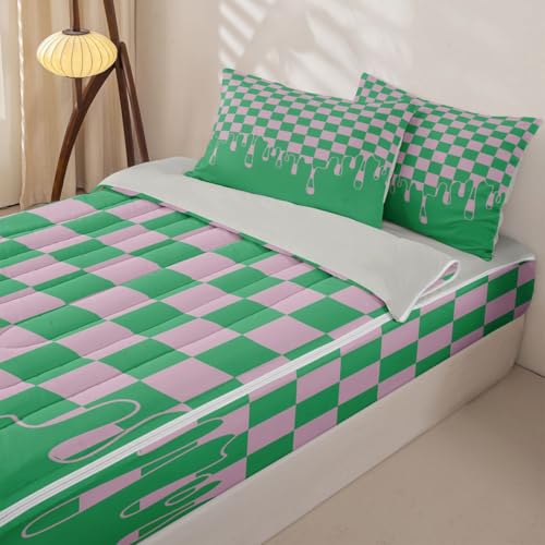 Image of Pink and Green Checkered Twin Zip Up Bedding with Deep Pocket Fitted Sheet,Non-Slip Checkerboard Drip Comforter Set for Kids,Secure Fit Cool Aesthetic Funky Geometric Bed in a Bag with Pillow Covers