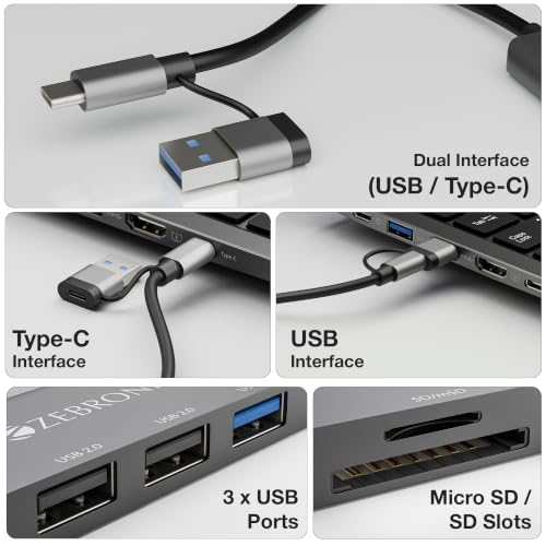 Image of Zebronics CT71 7-in-1 USB Hub, Dual Interface (USB & Type-C), 4K HDMI, 100W Type-C PD Charging, 5Gbps Transfer Speed, USB 3.0 5Gbps, Dual USB 2.0, microSD, Metal Body, LED Indicator