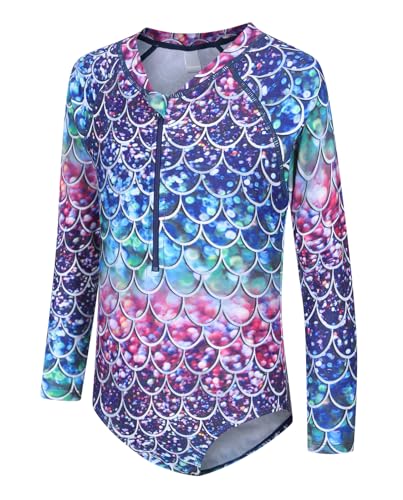 Image of Girls Long Sleeve Rash Guard One Piece Swimsuit Kids UPF 50+ Sun Protection Swimwear Rainbow Striped Bathing Suit 3-14 Years