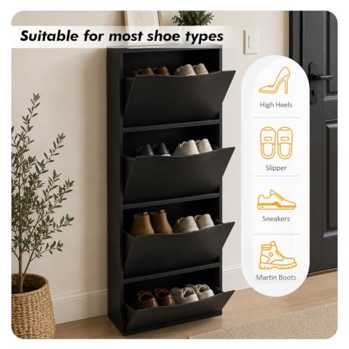 Image of TNT THE NEXT TREND Space Saving Shoe Rack Cabinet | Dustproof Flip Door Shoe Storage Organizer | Modern Minimal Shoe Stand for Entryway, Living Room, Bedroom & Hallway | Black Finish (Pack of 4)