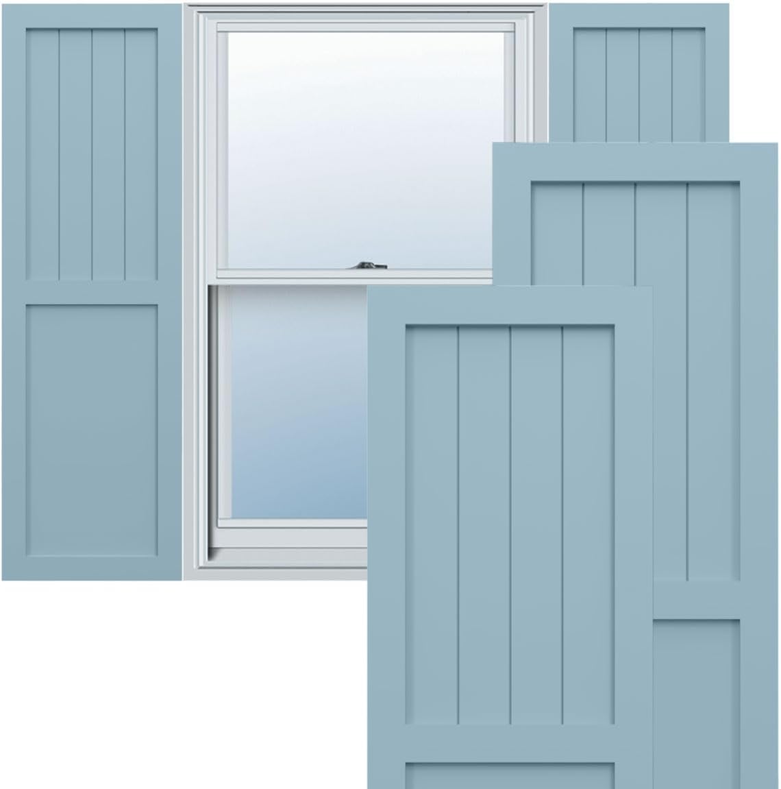 12"W x 26"H True Fit PVC Farmhouse/Flat Panel Combination Fixed Mount Shutters, Peaceful Blue (Per Pair - Hardware Not Included)