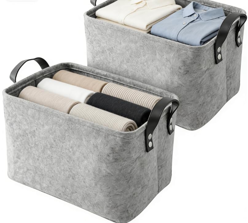 YDAKGUEY Felt Fabric Baskets, 2 PCS Large Open Fabric Bins with Handles for Organizing Clothes, Books, Laundry Baskets for Office Wardrobe Bookshelf Bedroom Toys (Grey)