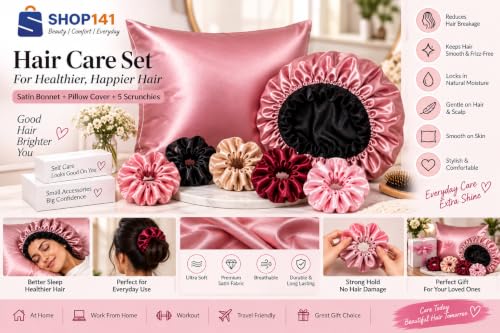 Image of Satin Pillow Covers for Hair and Skin Set of 2 with 5 Scrunchies I Satin Pillow case I Silk Pillow Cover I Silk Pillow case I Women Gift Items (Purple + Cap)