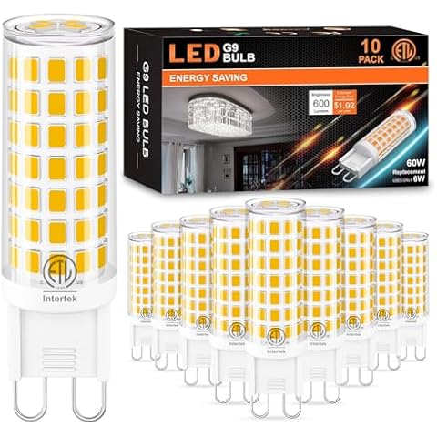 hansang 10 Pack G9 LED Bulb 2700K Soft White, 6W (60W Halogen Equivalent), Ceramic G9 Bi-pin Base 600Lm AC120V No Flicker T4 Shape 360 Degree Angle for Crystal Chandelier, Non-Dimmable Cover
