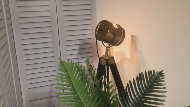 Image of Vintage Adjustable Wood Tripod Floor Lamp for Living Room, Spotlight Gold