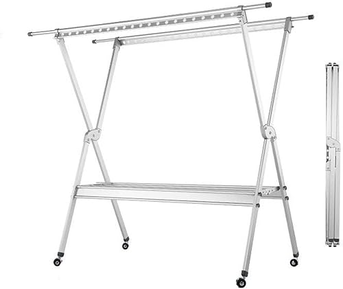 UNNS Estante de secado plegable de acero inoxidable, colgador plegable telescópico para ropa, barra de ropa de doble barra, estante de secado de