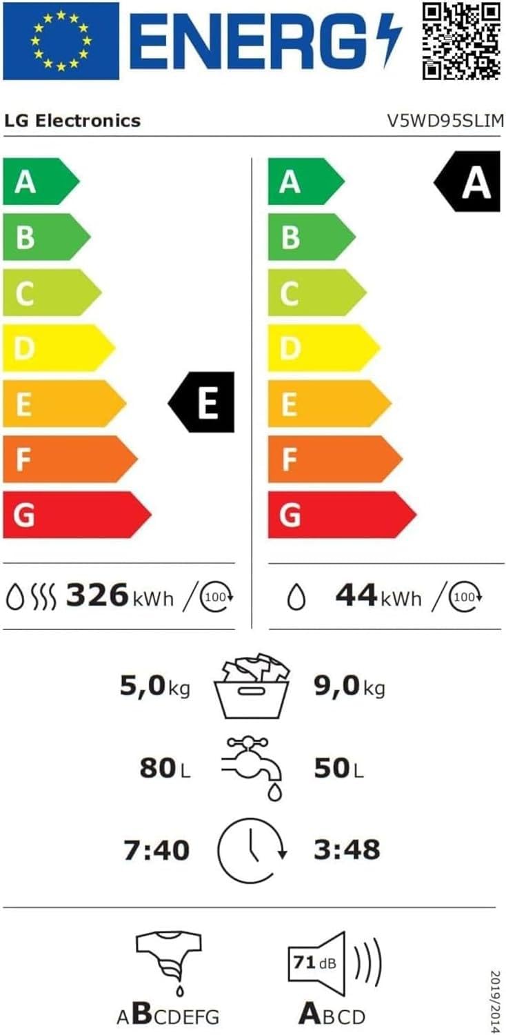 LG V5WD95SLIM Frontlader-Waschtrockner 9-5 kg Slim 53,5 cm Tiefe Wi-Fi AI Direct Drive Dampf TurboWash 360 Weiß