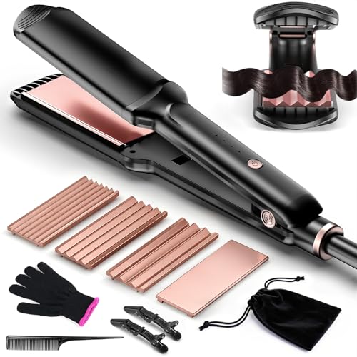 Hair Crimper Waver,Professional Women Hair Straightener Irons 4-in-1 Set Create Zig Zag Waves,Crimps Smooth Styles,Negative Ions Tourmaline Ceramic Plates Healthy Shiny Less Frizz,Styling Tools