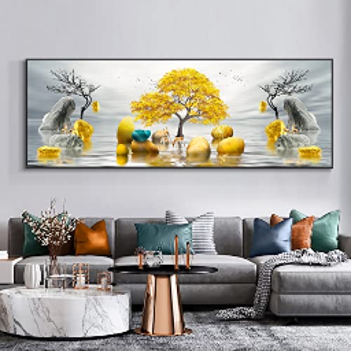Affiche Nordique Art Mural Abstrait Paysage Arbres Dorés et Cerf pour décoration salon et chambre