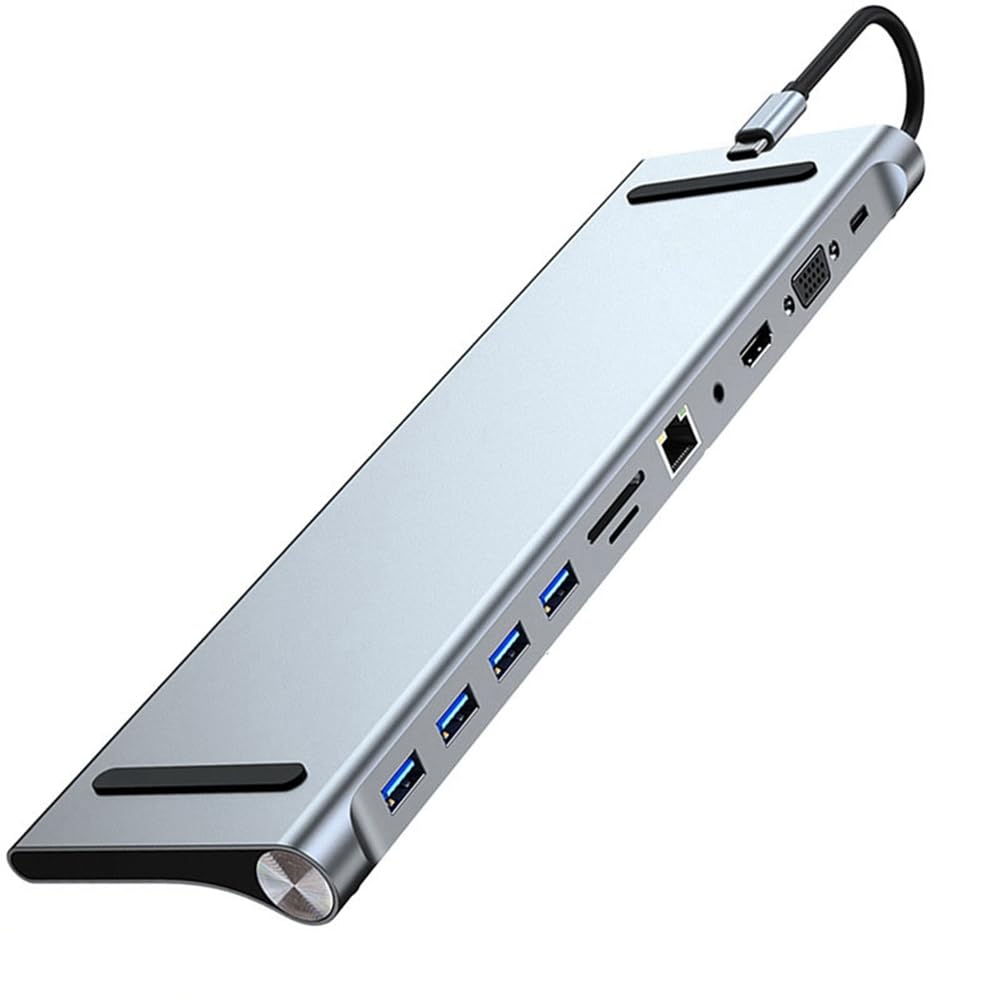 Stacja dokująca 11 w 1 typu C, koncentrator USB 3.0, rozdzielacz, adapter wieloportowy, 4K, kompatybilna z RJ45, SD/TF, VGA, PD, Audio, podstawka pod laptopa