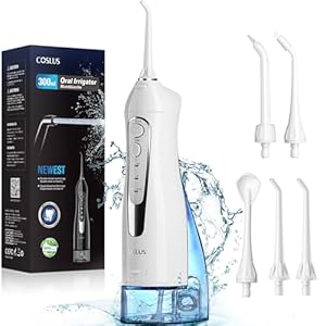 COSLUS Water Dental Flosser Teeth Pick: Portable Cordless Oral Irrigator 300ML Rechargeable Travel Irrigation Cleaner IPX7 Waterproof Electric Flossing Machine for Teeth Cleaning C20(F5020E) White