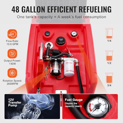 VEVOR Portable Diesel & Gasoline Tank, 48 Gallon, 10.6GPM Flow Rate, Diesel Fuel Tank with 12V Electric Transfer Pump, 13.1ft Hose, Auto Fueling Nozzle, Transfer Tank for Easy Fuel Transportation, Red