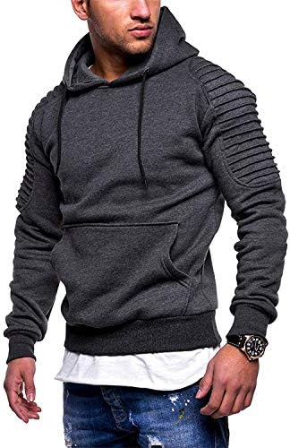 Johoproce Men's Slim Fit Pleated Raglan Sleeve Stripe Hoodies Long Solid Color Sleeve Top Pullover Sweater(Dark grey,M)