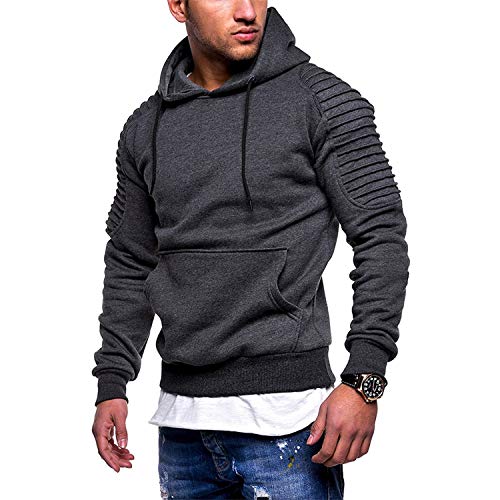 Johoproce Men's Slim Fit Pleated Raglan Sleeve Stripe Hoodies Long Solid Color Sleeve Top Pullover Sweater(Dark Grey,M) #TOP24