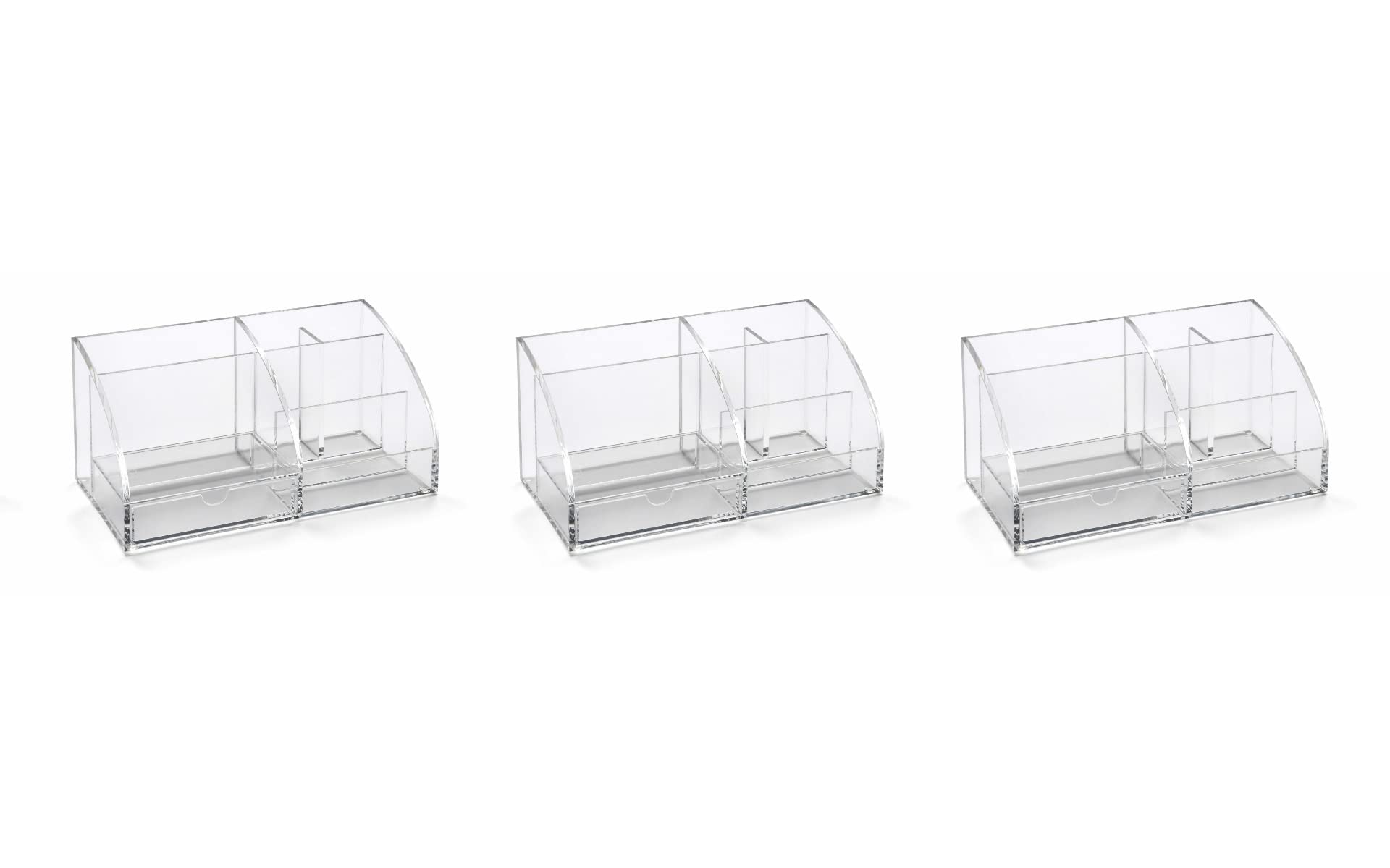 OSCO Clear Transparent Acrylic Desk Tidy Pen Pot, 7 Section Organiser with Pull-Out Drawer for Stationery, Cosmetics & Home Office Supplies, H12×W25×D13 cm, 3 Pack