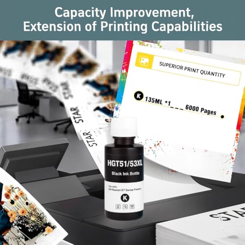 Image of KOSH Refill Ink Bottle Compatible for HP Deskjet 5810,5811,5820,5821,5822, Inktank Wireless 310,315,316,319,410,415,416,419,Smart Tank 115,500,510,515,516,720,750,790 Printers (1, GT53XL 135ML)