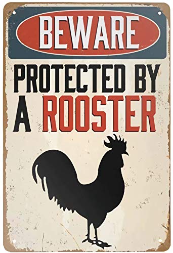 MeowPrint Beware Protected by A Rooster Chicken Aluminum Sign - for Home,Coffee Wall Decor Retro Metal Tin Sign Vintage 8x12''