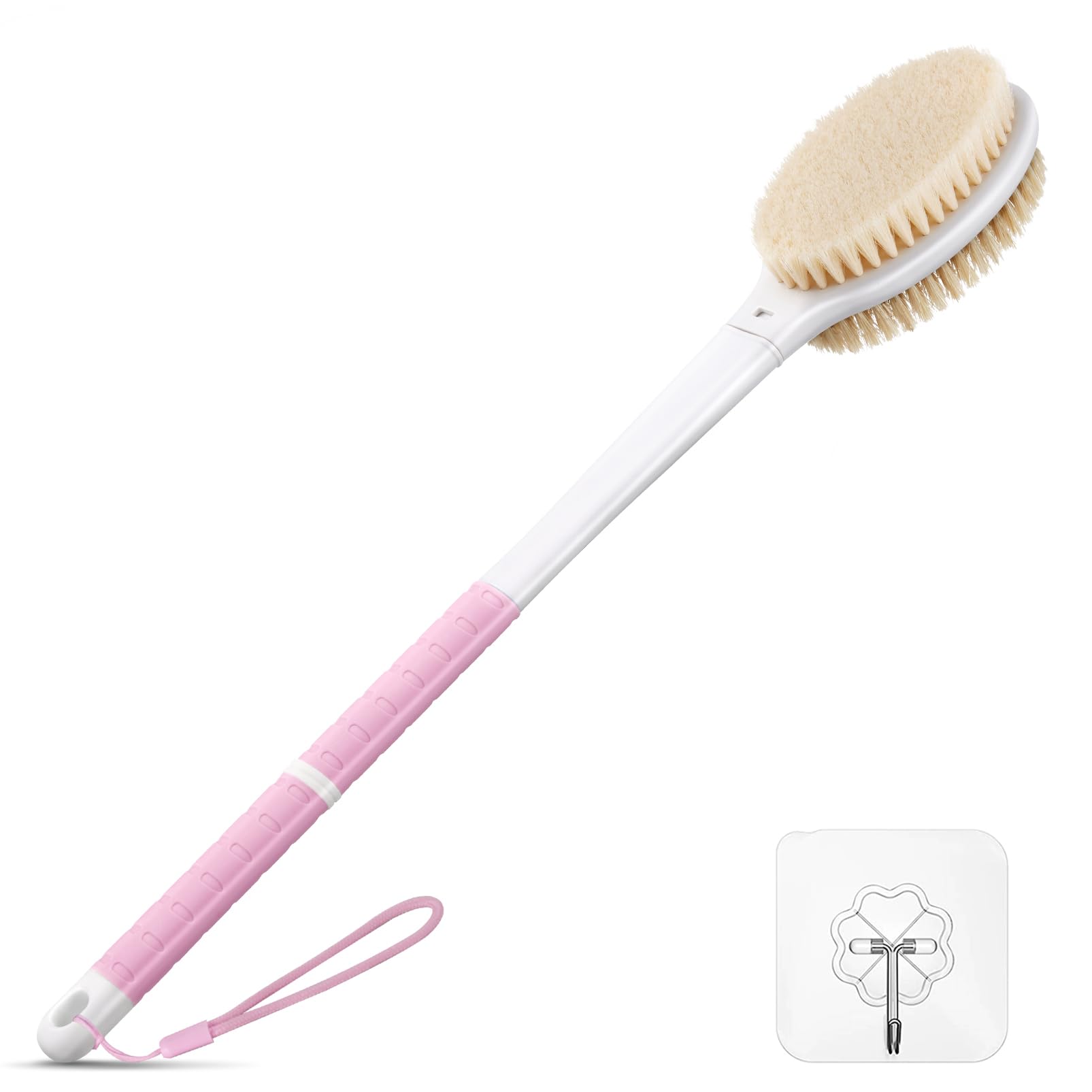 Back Scrubber Body Shower Brush: Anti Slip Long Handle Bath Brush with Stiff and Soft Bristles - Showering Exfoliator Wet or Dry Brushing for Women, Men, Elderly (Pink)