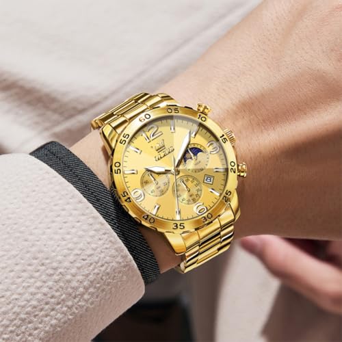Image of OLEVS Men's Watches Luxury Chronograph Waterproof Dress Business Quartz Analog Stainless Steel Multifunction Fashion Watches with Date, Sun-noon Phase Big Dial 44mm, Luminous Hands Scales