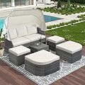 PE Rattan Wicker Patio Conversation Set, 6 Piece Outdoor Sectional Sofa with Retractable Canopy and Lift Top Coffee Table, Garden Furniture Daybed/Sunbed with Cushion for Backyard, Poolside, Lawn