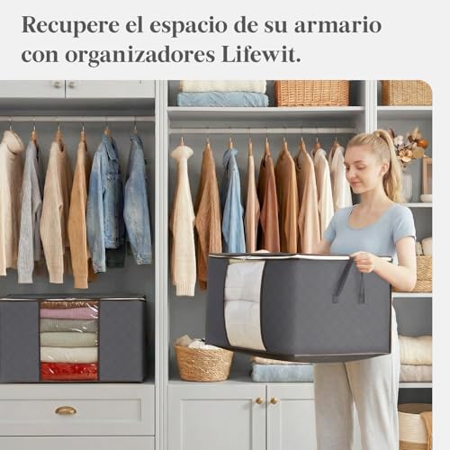 Miniatura 10 de Lifewit 4 Piezas 90l Cajas Almacenaje Ropa, Bolsa Organizadora De Armario Plegable, Cajas De Plastico Para Mudanza, Bolsas Para Guardar Mantas, Edredones, Gris
