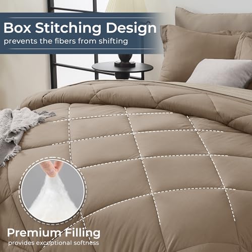HEVUMYI Khaki & Linen King Comforter Set - 7-Piece All Season Bed in a Bag King, Ultra Soft Bedding Set with Comforter, Flat Sheet, Fitted Sheet, Pillowcases, Pillow Shams