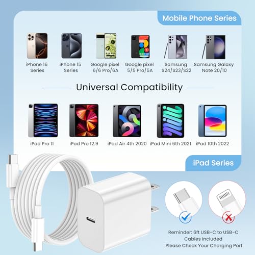iPhone 17 16 15 Charger Fast Charging,3-Pack 20W Apple USB C Charger Block with 60W Type C to USB C Cable Cord 6FT for iPhone 17 Pro Max/17 Air/16 Pro Max/Air/iPad/Galaxy/Pixel/Travel & Home Use