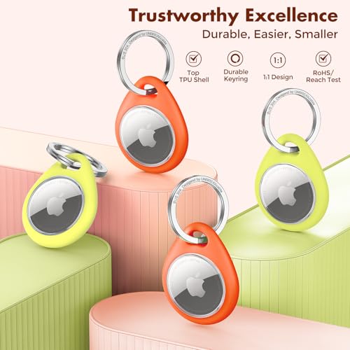 Image of UNBREAKcable AirTag Holder for Apple - 4 Pack Air Tag Case [Fit Tightly Design] [Easy to Install] [Hold Air Tag Securely] Waterproof TPU Shell Protective Cover with All Metal Keychain (Orange&Green)