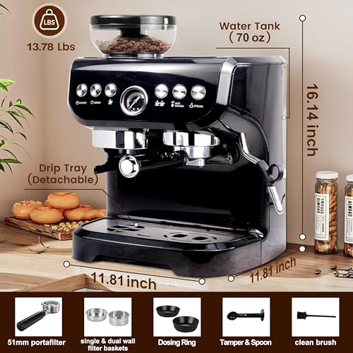 Espresso-Kaffeemaschine mit Bohnenmühle und Milchaufschäumer, 15 Bar, Espressomaschine, Dampfstab für Cappuccino, Latte, Americano für Weihnachten, Halloween, Ostern, 2 l Wassertank, 1450 W (schwarz)