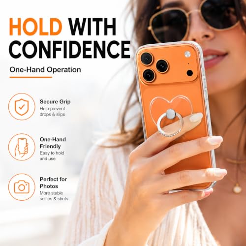 Image of Mizi 2Pack Transparent Heart Phone Ring Holder Kickstand, Bling Crystal Finger Grip Stand with 360 Rotation for iPhone, Samsung, Android Phones & Cases - Silver