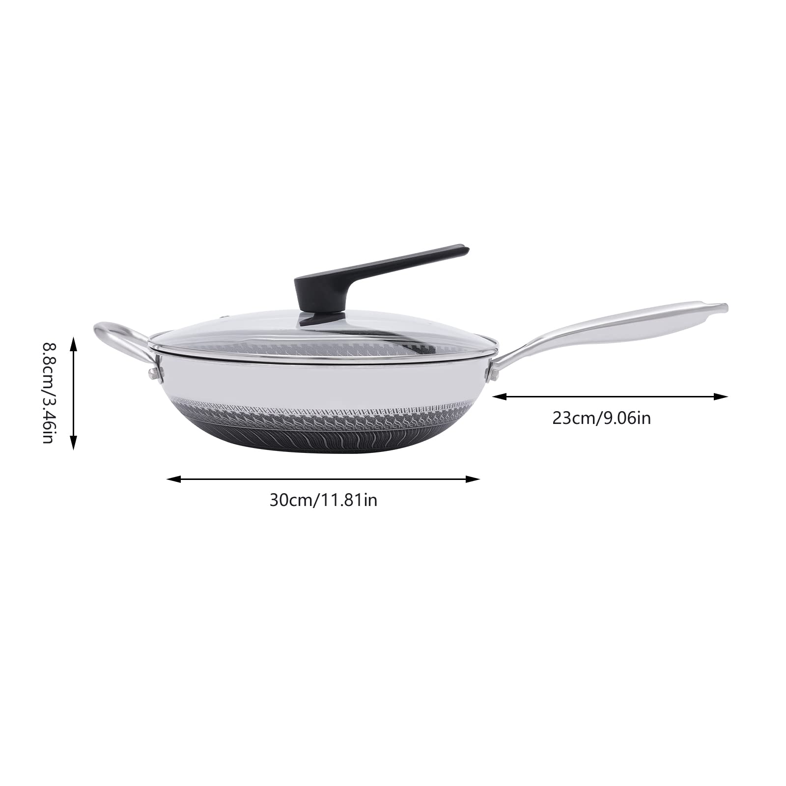 Wok padella con coperchio, wok in acciaio inox da 12 pollici, padella wok con rivestimento a nido d'ape, antiaderente wok con coperchio, set wok a induzione