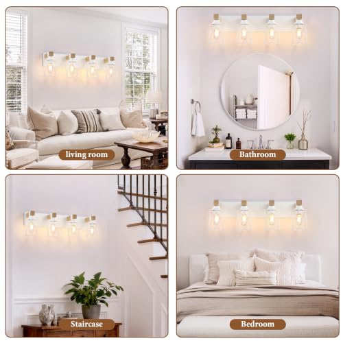 Image of Farmhouse 4-Light Wood Bathroom Vanity Light, White Metal Cage Shade
