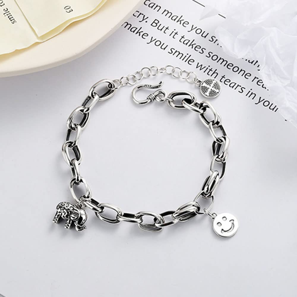 Bracciale A Maglie Grosse in Argento Sterling 925 personalità Bracciale con Faccina Elefante retrò Gioielli di Tendenza alla Moda per Gli Amanti dei Gioielli in Argento