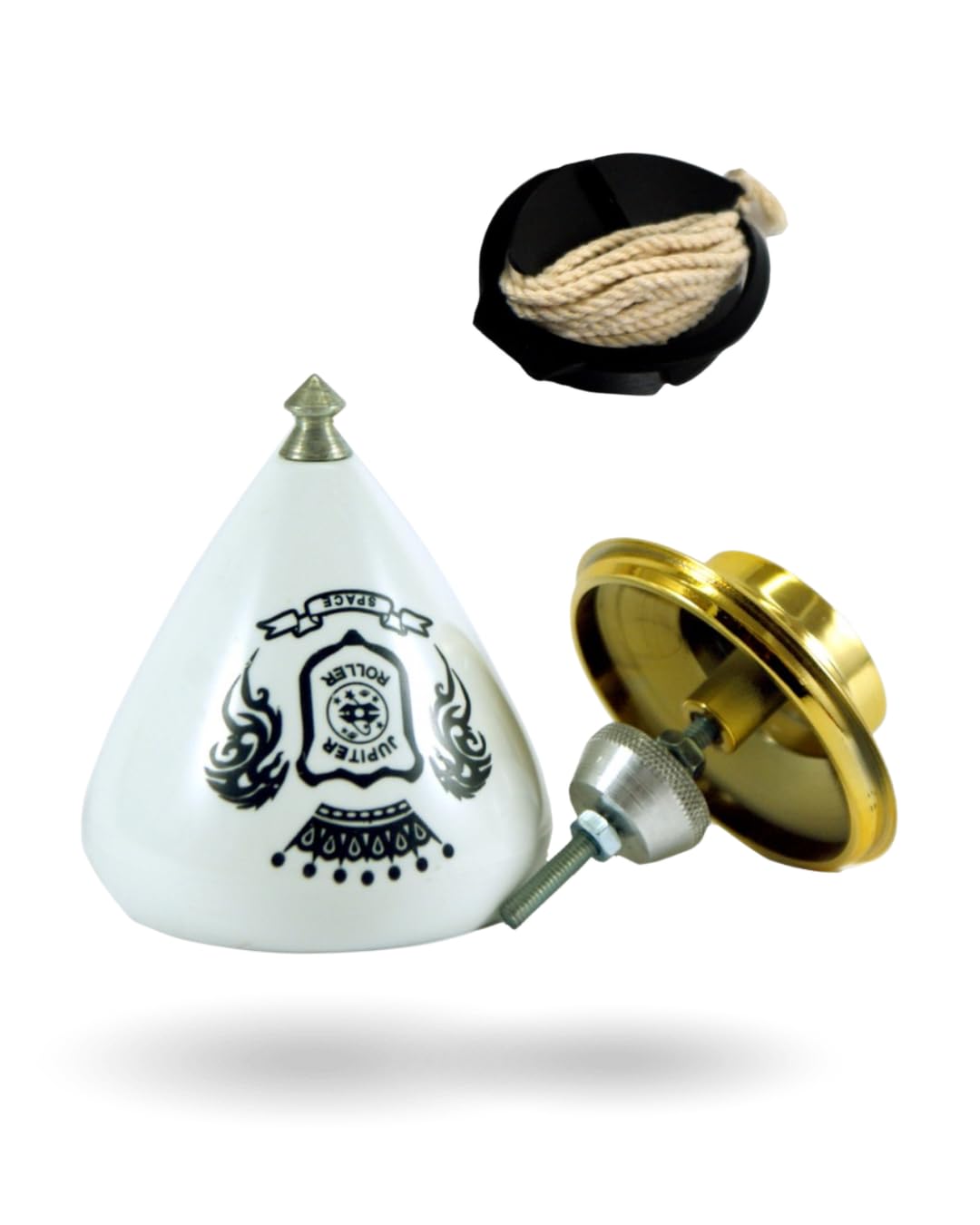 TROMPOS SPACE - Trompo Profesional Júpiter Roller de Gran Diámetro, Peonza con Punta Roller de Doble Rodamiento, Centro de Gravedad Modulable y Tapa Calibrable, Cuerda y Packaging Oficial, Color Plata