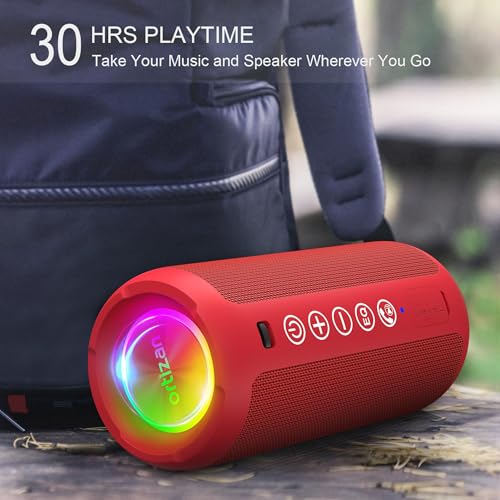 Image of Ortizan Portable Bluetooth Speaker: IPX7 Waterproof, 24W Loud Sound, Deep Bass, Bluetooth 5.3, LED Lights, Wireless Stereo Pairing, 30H Playtime, for Home /Outdoor /Party /Beach, Birthday Gift (Red)