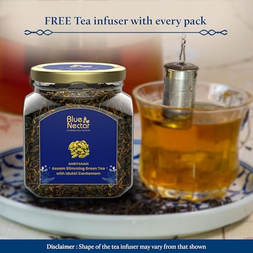 Image of Blue Nectar Green Tea Loose Leaves for Weight Management with Idukki Cardamom | Detox Green Tea Strainer Packed in Eco Friendly Glass Jar (65g)