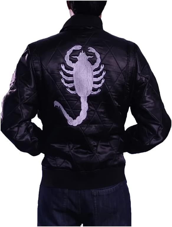 Mens Motorcycle Driver Gosling Scorpio Logo Bomber Satin Lightweight Jacket Black/White