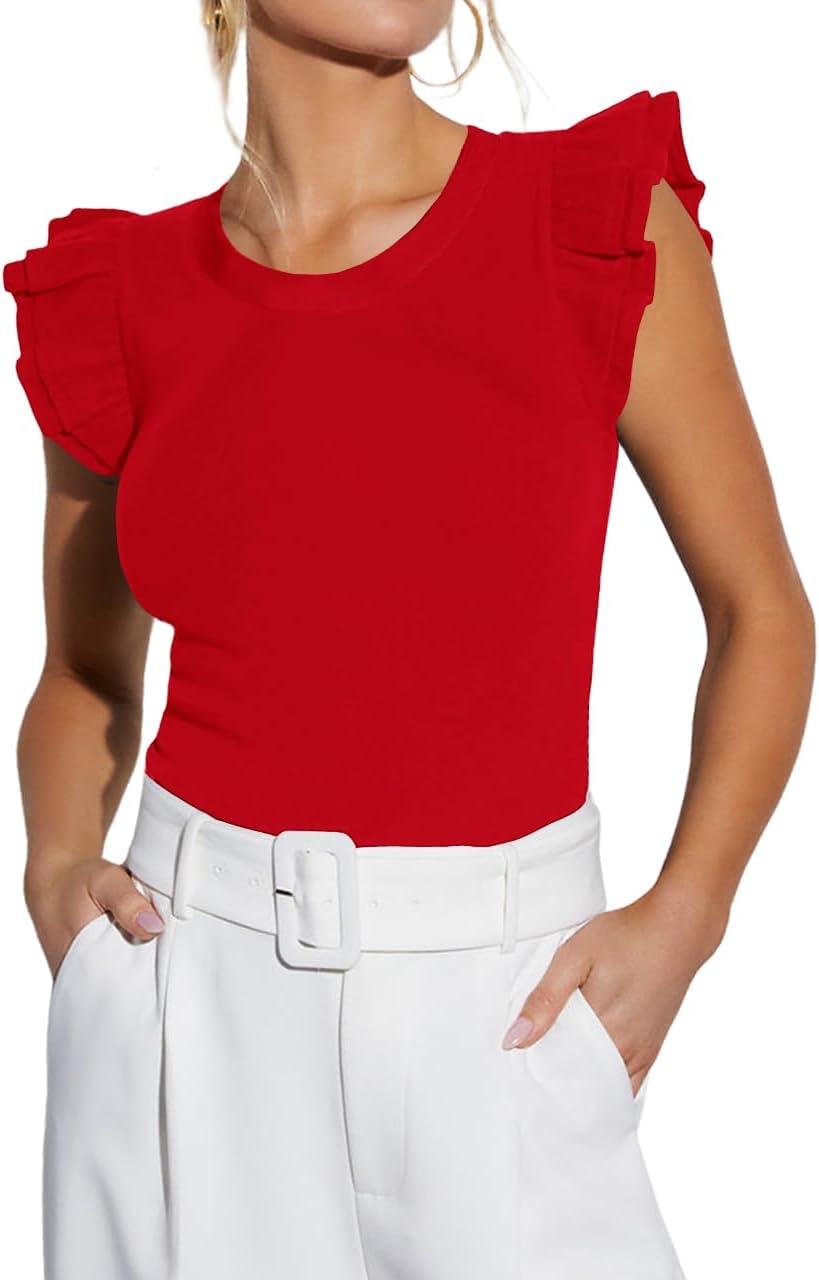 Ezbelle Women's Summer Tank Tops Ruffle Shirts Ribbed Knit Sleeveless Blouse Sexy Tshirt Trendy Outfits