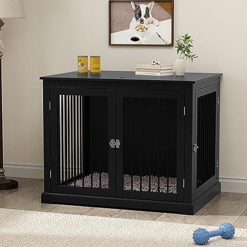 Large-Dog-Crate-Furniture-Wooden-Dog-Kennel-with-Cushion-Dog-Crate-End-Table-Large-Indoor-Dog-Kennel-Modern-Decorative-Dog-Crates-with-Flip-Top-Chew-Proof-Metal-Bars-Black Large Dog Crate Furniture Wooden Dog Kennel with Cushion Dog Crate End Table Large Indoor Dog Kennel Modern Decorative Dog Crates with Flip Top Chew Proof Metal Bars Black