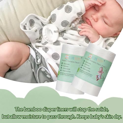 Image of ALVABABY Diaper Liners for Baby Cloth Diaper Flushable Disposable Natural Soft Fragrance Free Chlorine Free 11.8 x 7.1 Inch 2 Pack 200 Sheets