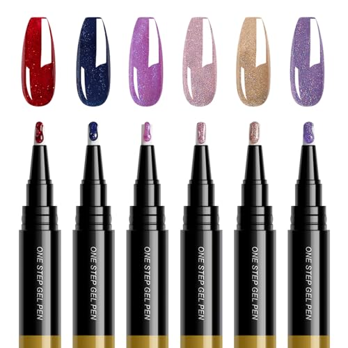 FREEORR 6 Colors Gel Nail Polish Pen Set 3 IN 1 Glitter Series Colorful Burgundy Blue Pink Purple Nail Polish Pens for Women DIY Nail Art U/V Lamp Needed