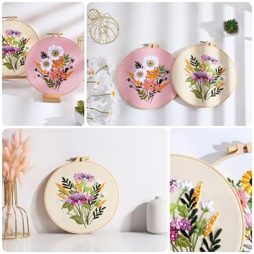Image of Offizon 3 PCS Embroidery Kit for Beginners Stamped FlowerB Pattern | Cross Stitch DIY Craft Set, Hoop Included, Flower Embroidery Accessories, Stitching Sewing Kit Gift for Adults