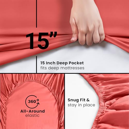 Image of Utopia Bedding King Fitted Sheet - Bottom Sheet - Deep Pocket - Soft Microfiber - Shrinkage and Fade Resistant - Easy Care -1 Fitted Sheet Only (Coral)