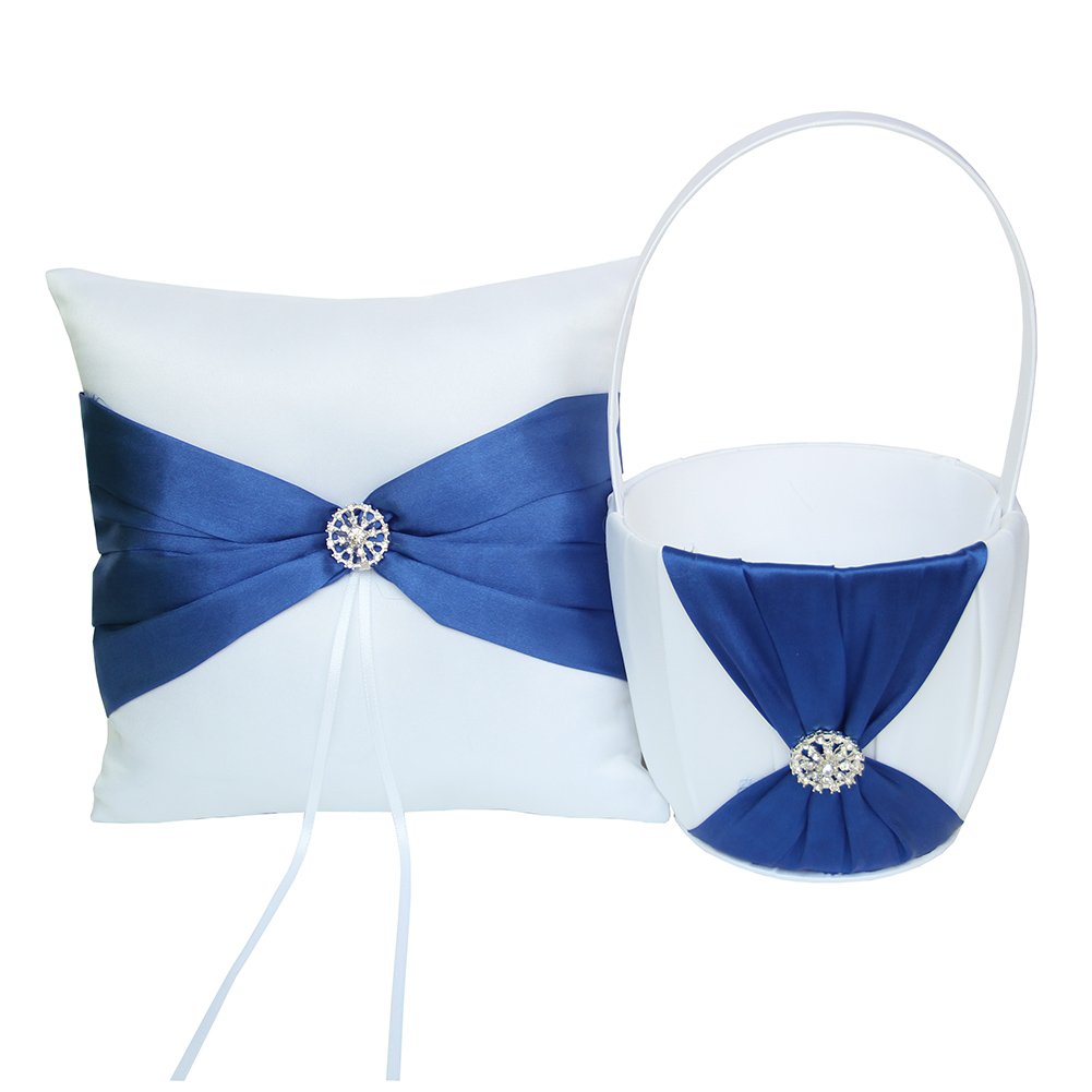 ARKSU Flower Girl Basket 5x8.5 inch and Ring Pillow 7.8x7.8 inch Decorated with Rhinestones for Rustic Wedding Shower Ceremony Party-Dark Blue