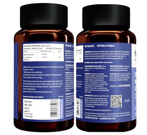 Image of hk vitals 100% Magnesium Glycinate (1880mg) 120 Tablets | For Better Sleep Quality & Muscle Recovery with Multivitamin (60 Tablets)
